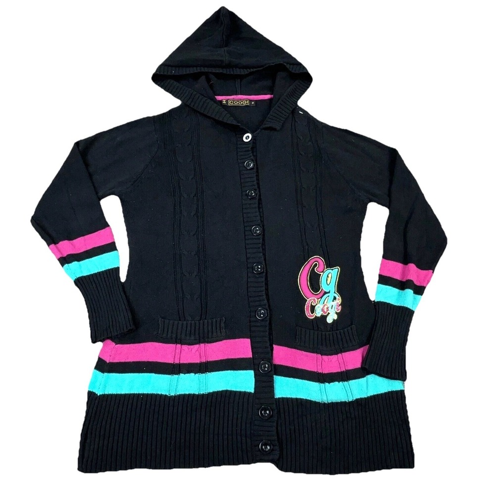 Vintage Coogi Cardigan Sweater Women 1X Black Pink Striped Hoodie Knit Y2K 2000s